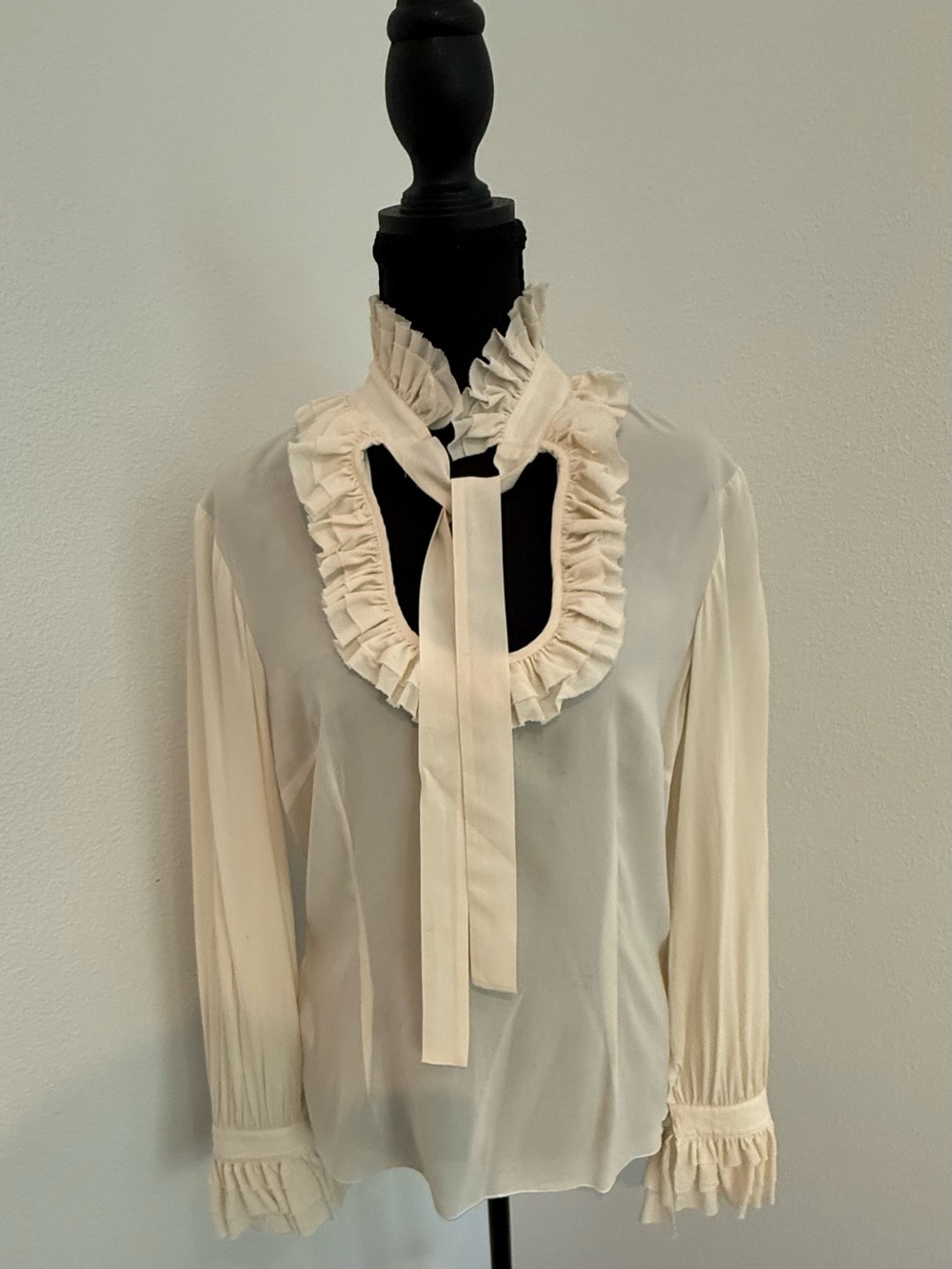 Trina Turk Cream Ruffle Tie-Neck Sheer Blouse